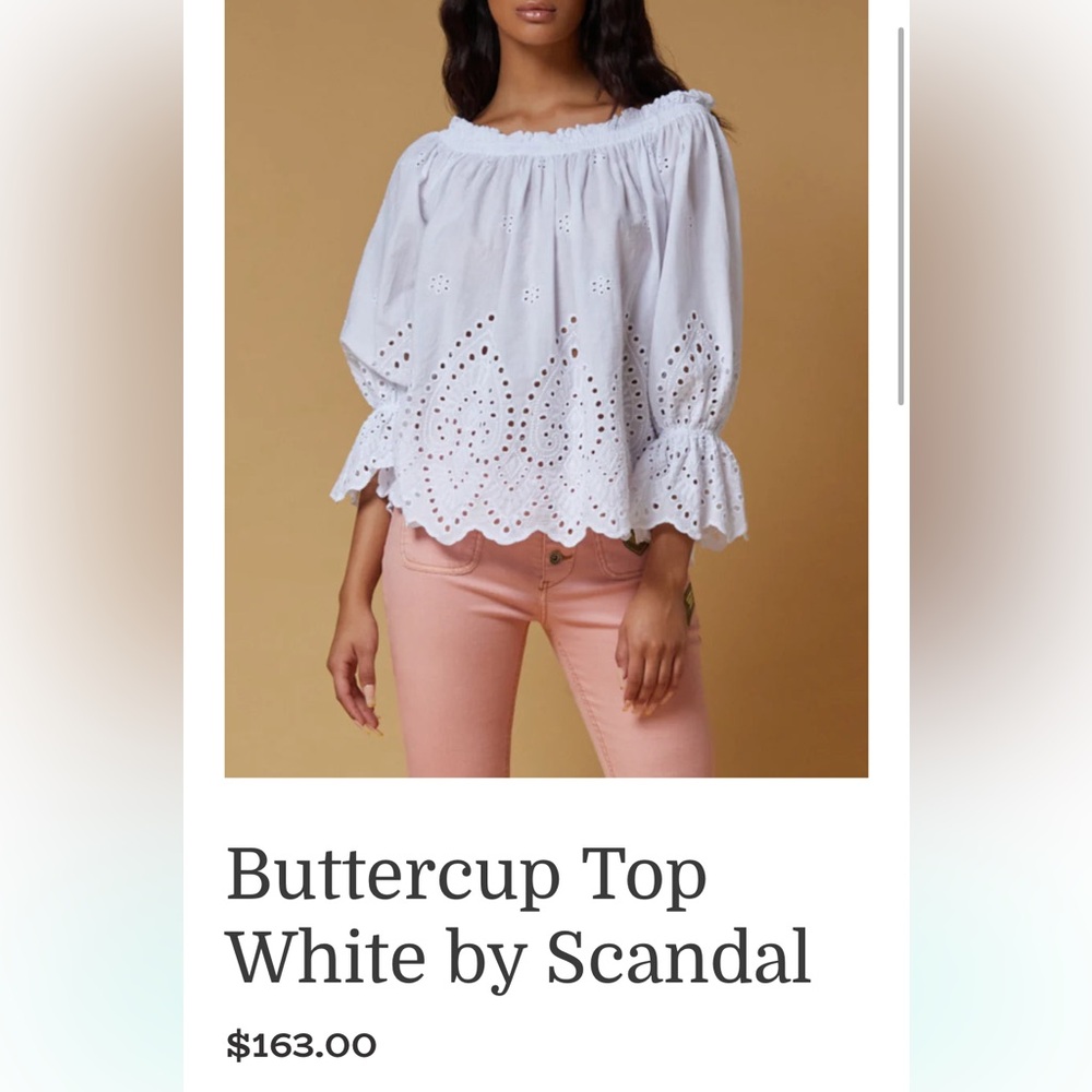 Scandal Italy Off-the-Shoulder Buttercup Eyelet Lace Blouse w Scalloped Hem - Picture 5 of 15